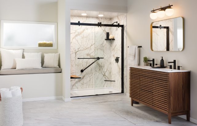 Marble shower replacement with black frame door