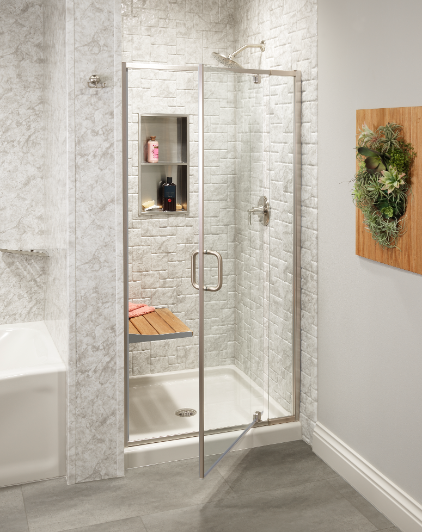 Small footprint shower with bench and recessed shelf